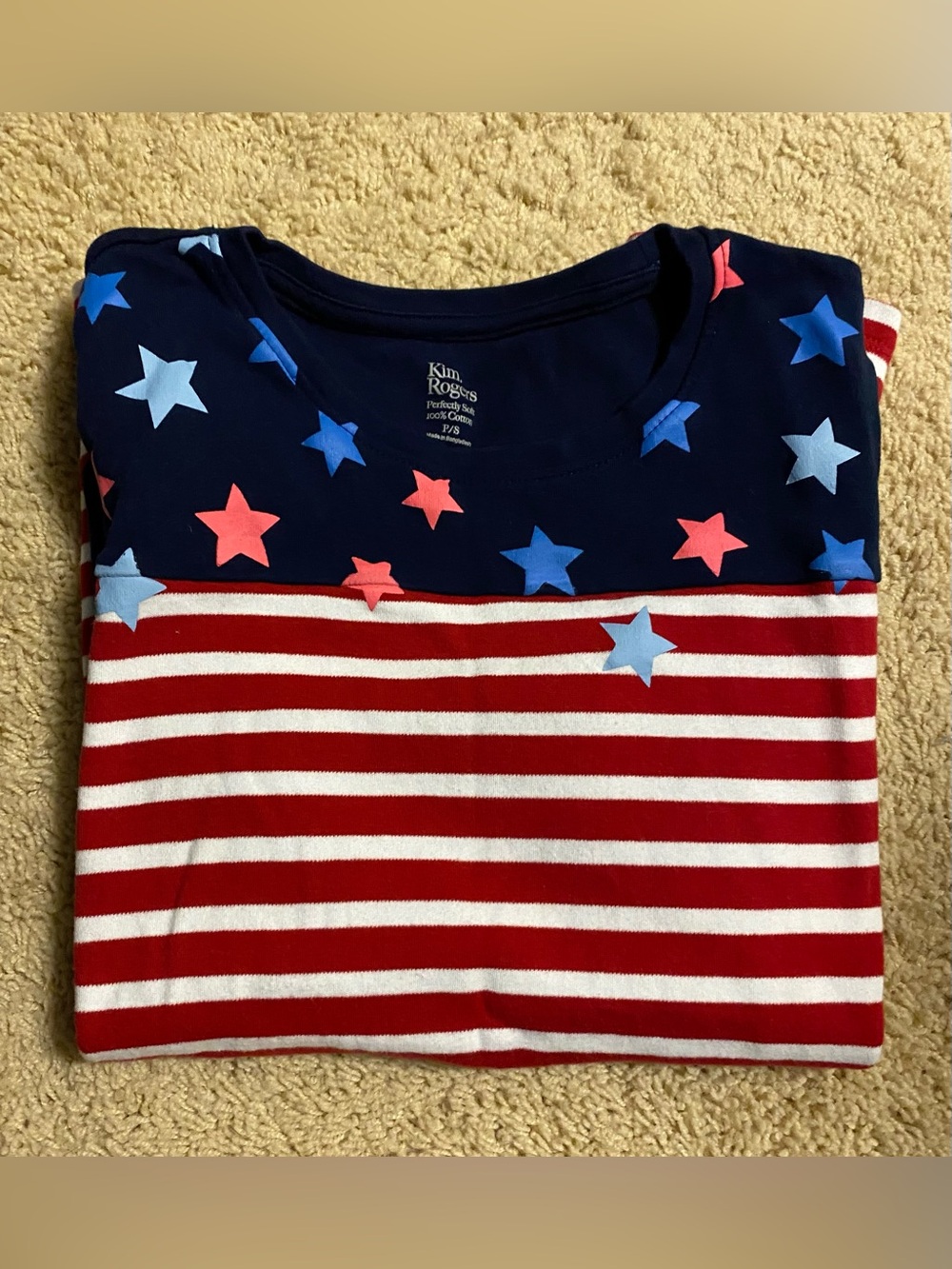 Kim Rogers Navy Yoke Top with Red Stripes and Multi-Color Stars